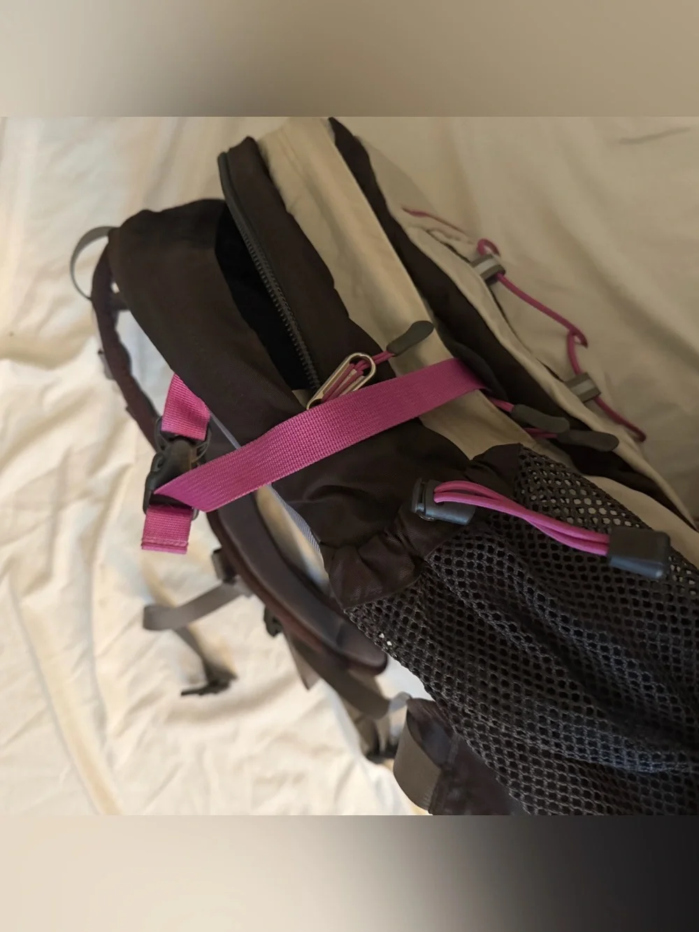 The North Face Borealis Backpack in Light Gray & Black/Brown with Pink Accents